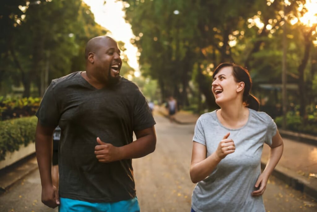 Happy couple running